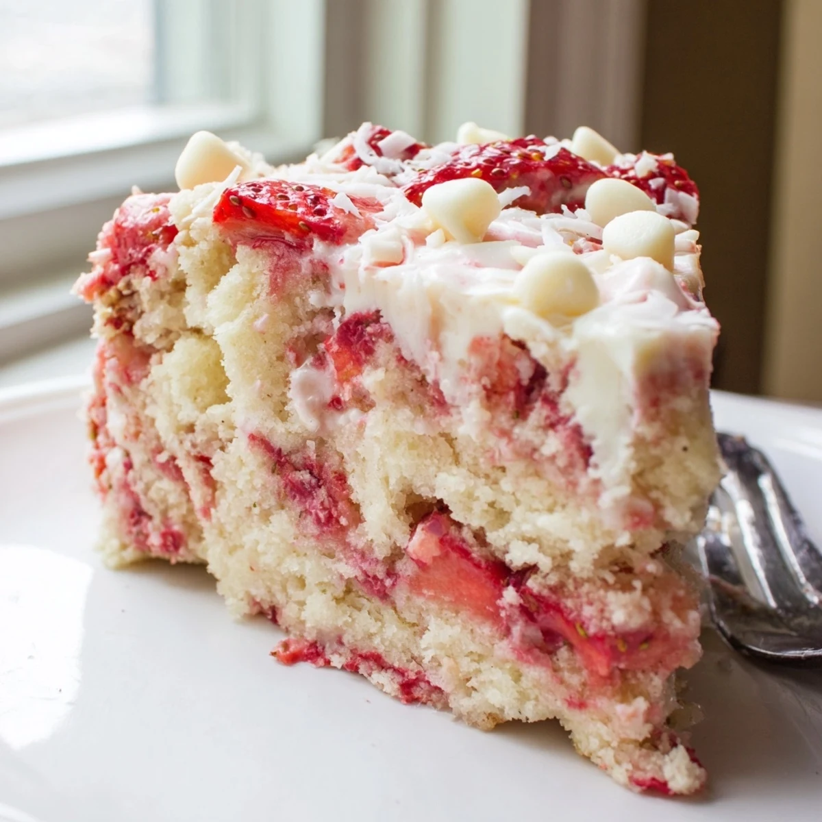Sliced Strawberry Earthquake Cake showing gooey white chocolate pockets and moist strawberry crumb