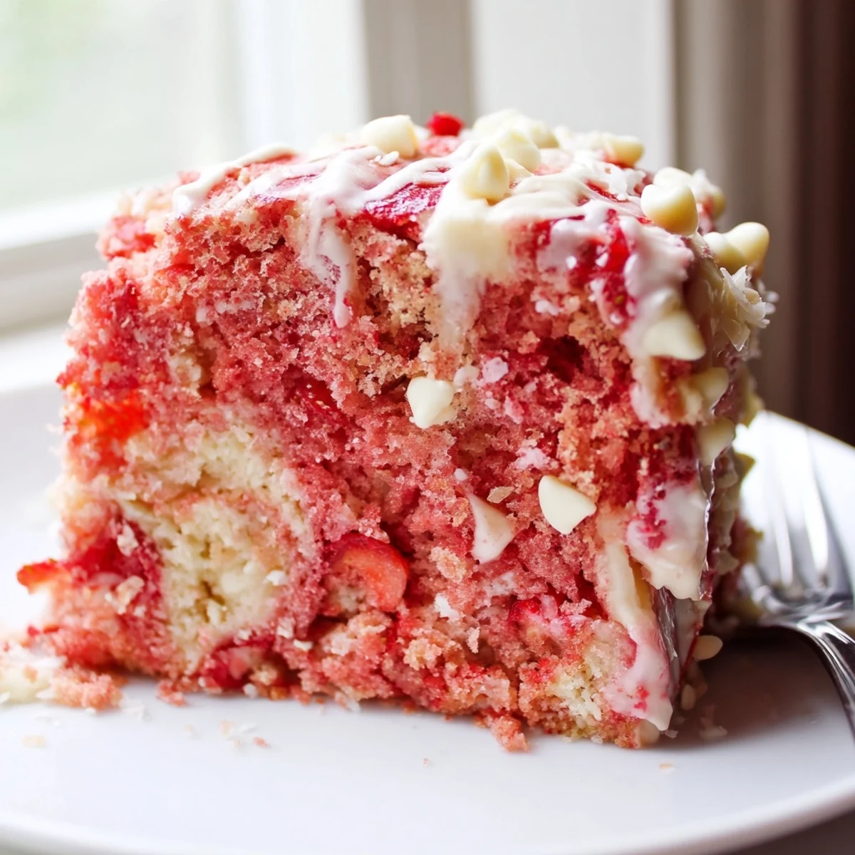 Warm Strawberry Earthquake Cake fresh from the oven with melted cream cheese marbling