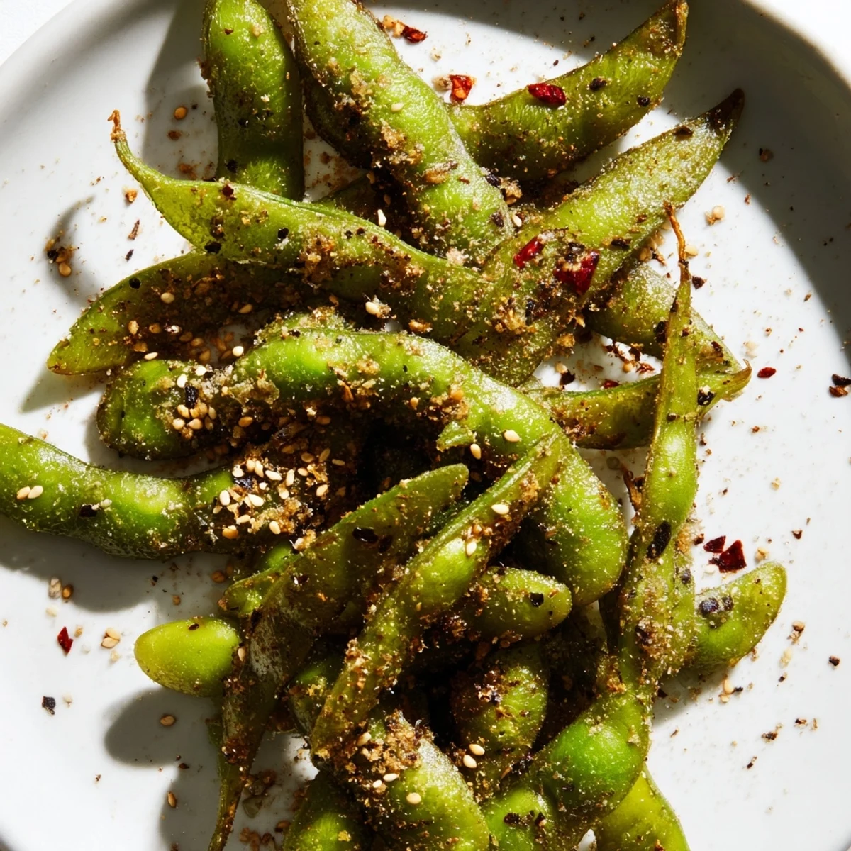 Golden air fryer edamame pods sprinkled with sesame seeds and chili flakes in a white serving bowl