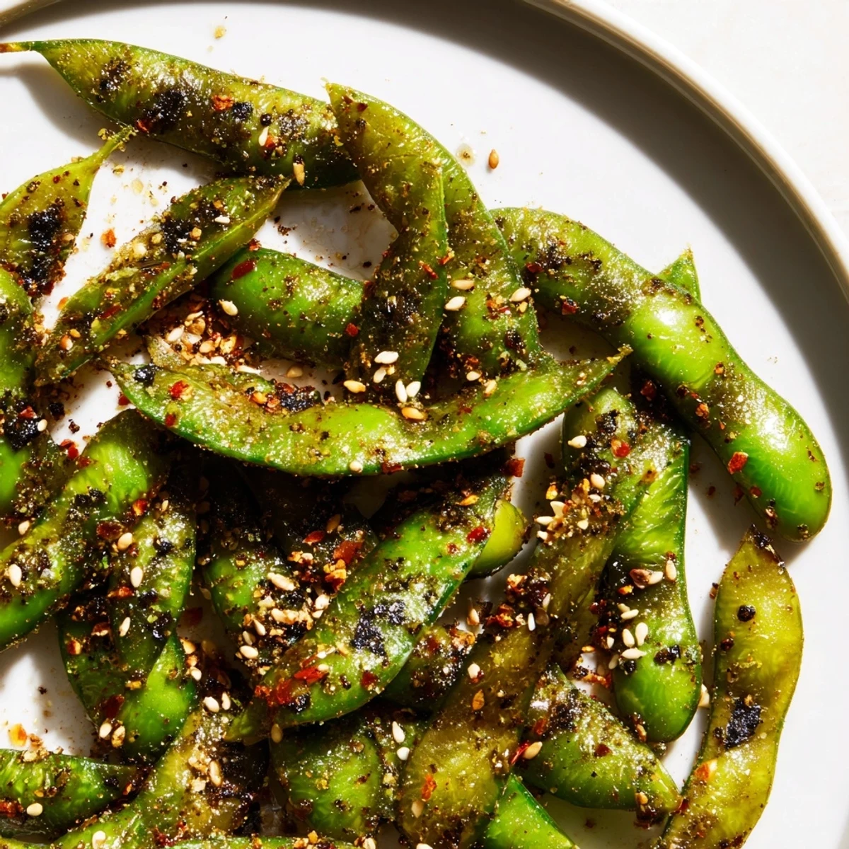 Vibrant green edamame pods tossed in olive oil and spices after air frying until lightly crisp