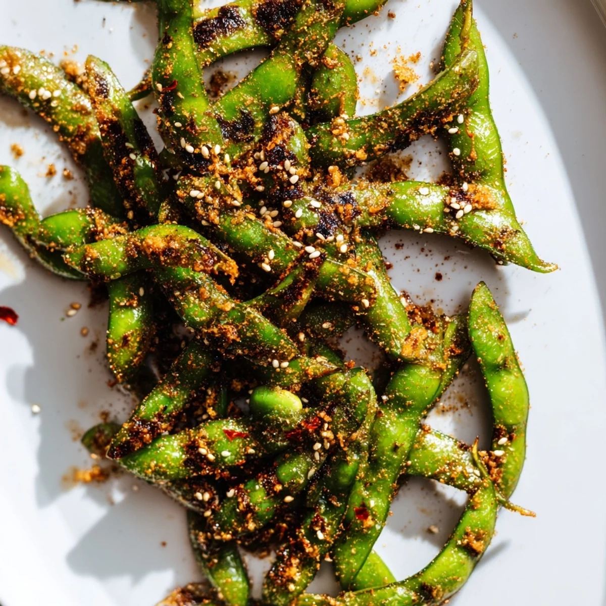 Crispy seasoned edamame pods air fried to perfection with garlic and smoked paprika coating