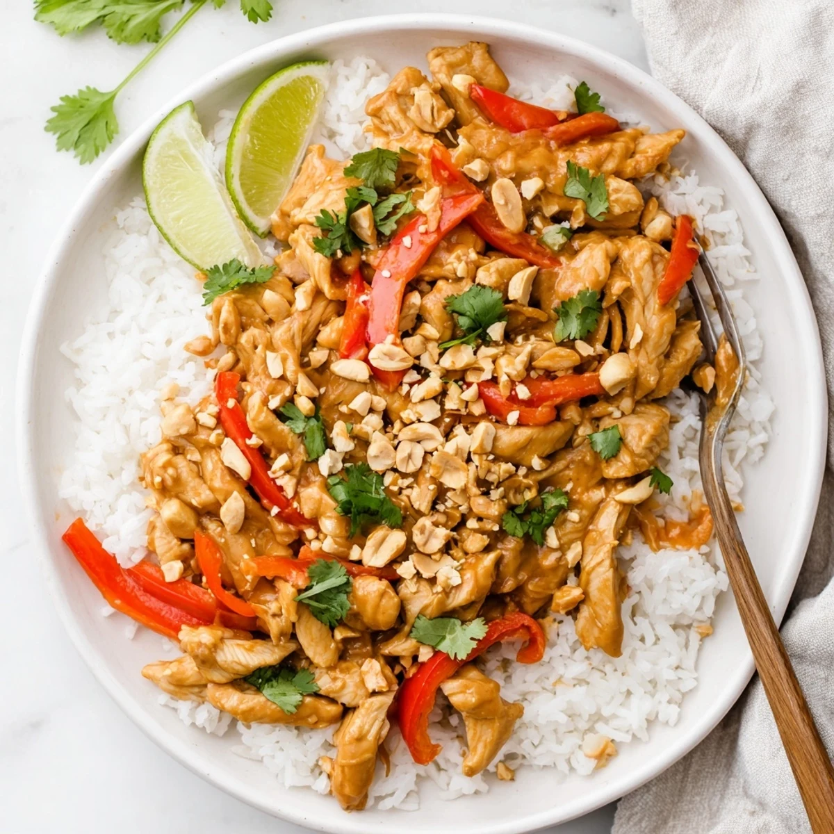 Creamy slow cooker peanut chicken served over fluffy white rice and topped with crushed roasted peanuts and fresh cilantro.