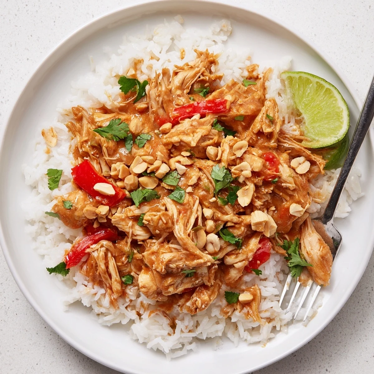 Tender shredded chicken pieces coated in a rich peanut butter sauce with diced onions and ginger garnish.