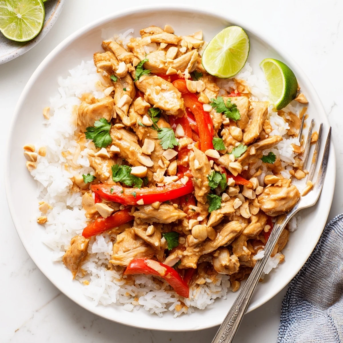 Golden brown chicken thighs swimming in a thick, glossy slow cooker peanut sauce with red bell pepper strips.