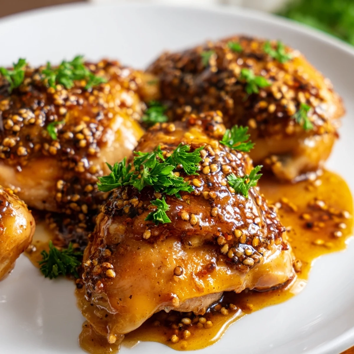 Tender oven baked honey mustard chicken served with roasted vegetables and rich glaze