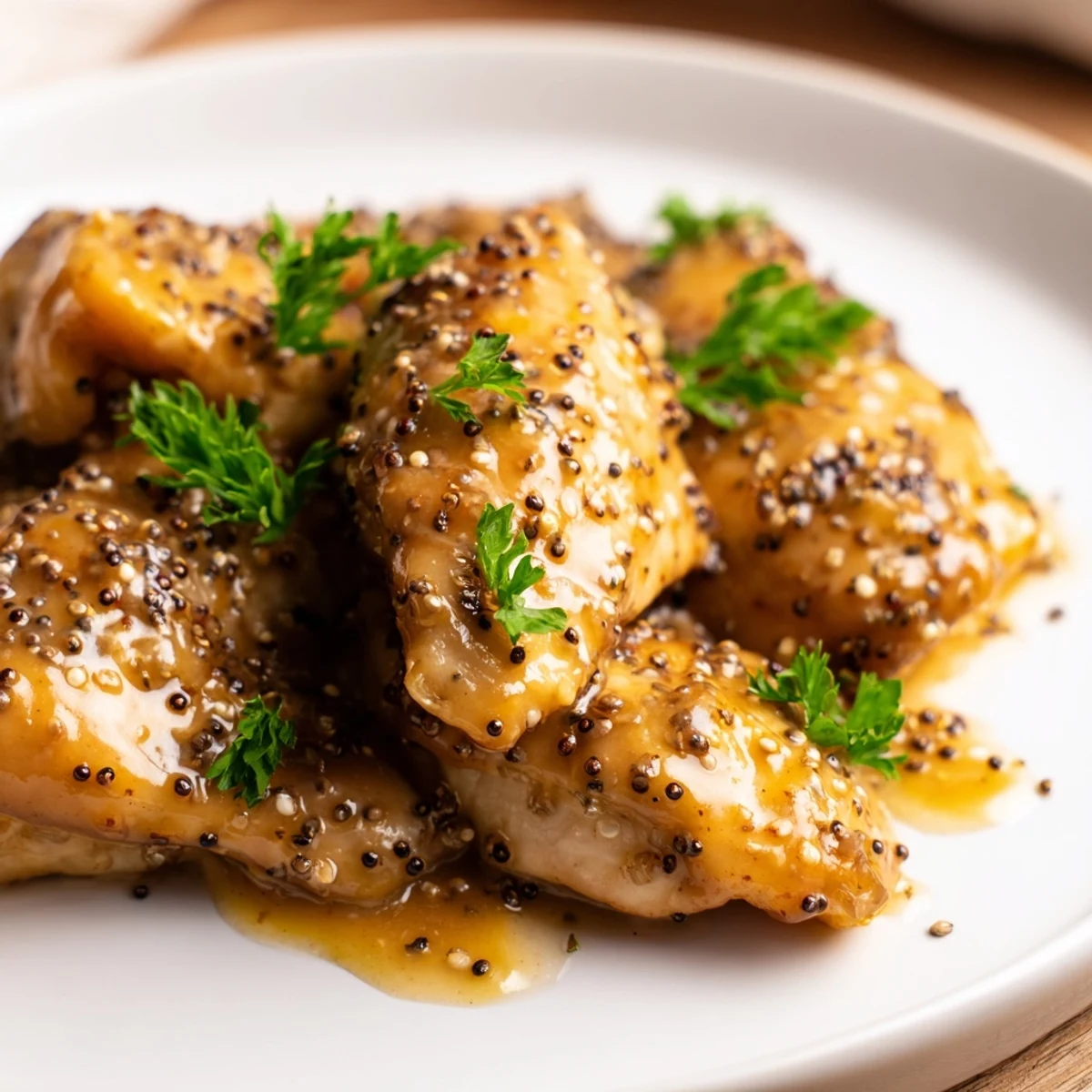 Juicy chicken pieces coated in caramelized honey mustard sauce finished with fresh parsley