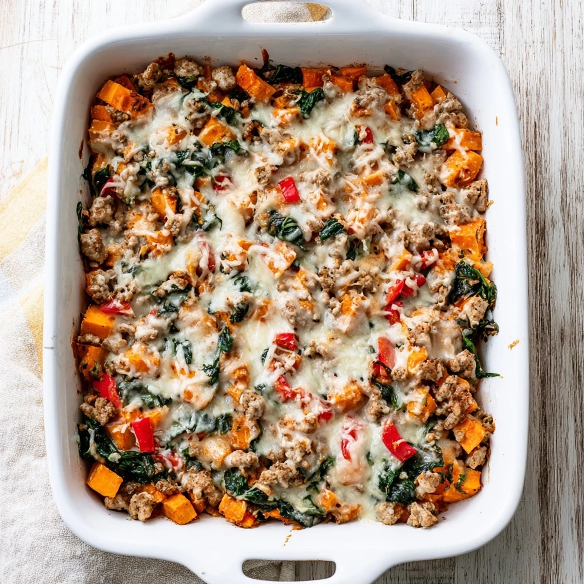 Golden brown ground turkey sweet potato bake casserole with melted mozzarella and colorful vegetables