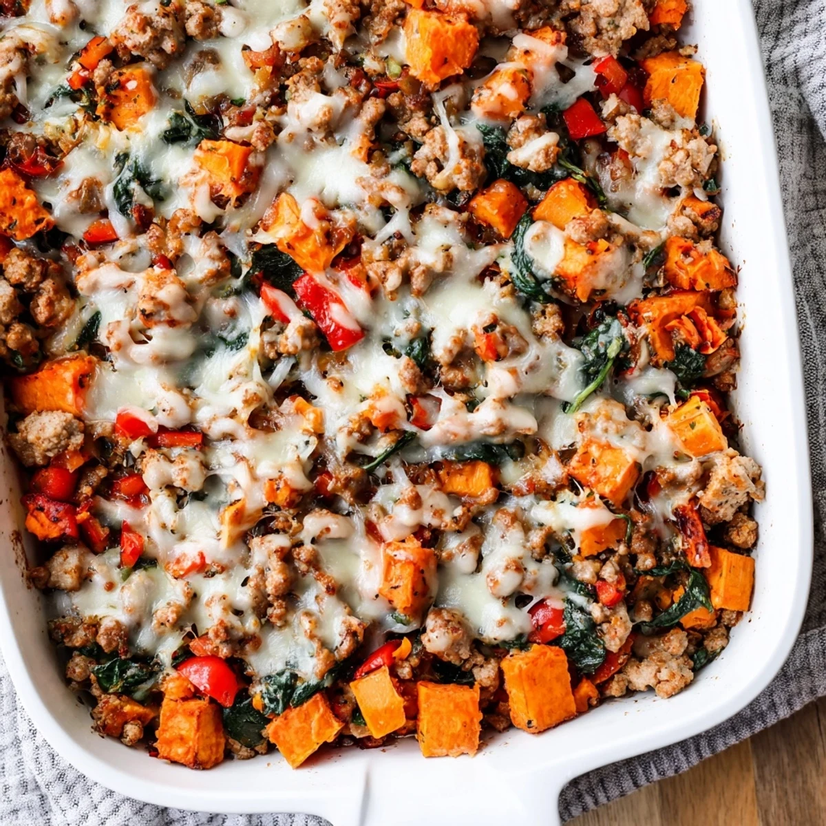 Hearty ground turkey sweet potato bake casserole fresh from the oven with bubbling cheese topping