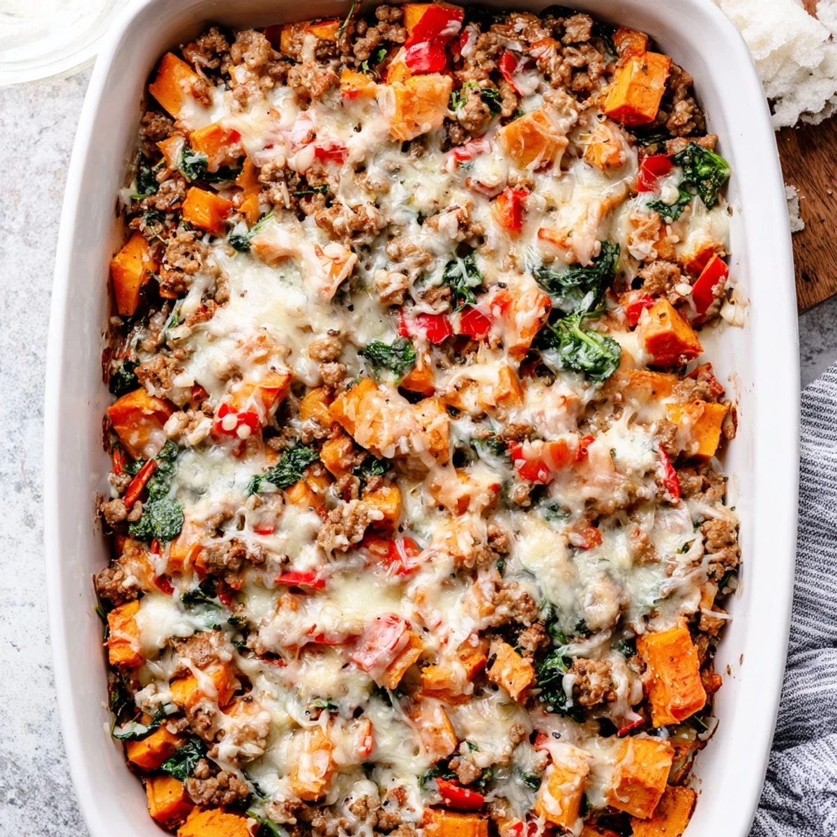 Savory ground turkey sweet potato bake casserole served in a baking dish with vibrant diced veggies