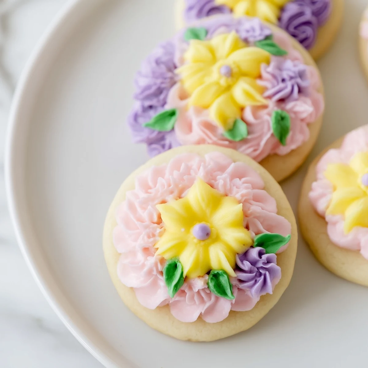 Golden buttercream flower cookies adorned with colorful piped roses and delicate green leaves on white plate