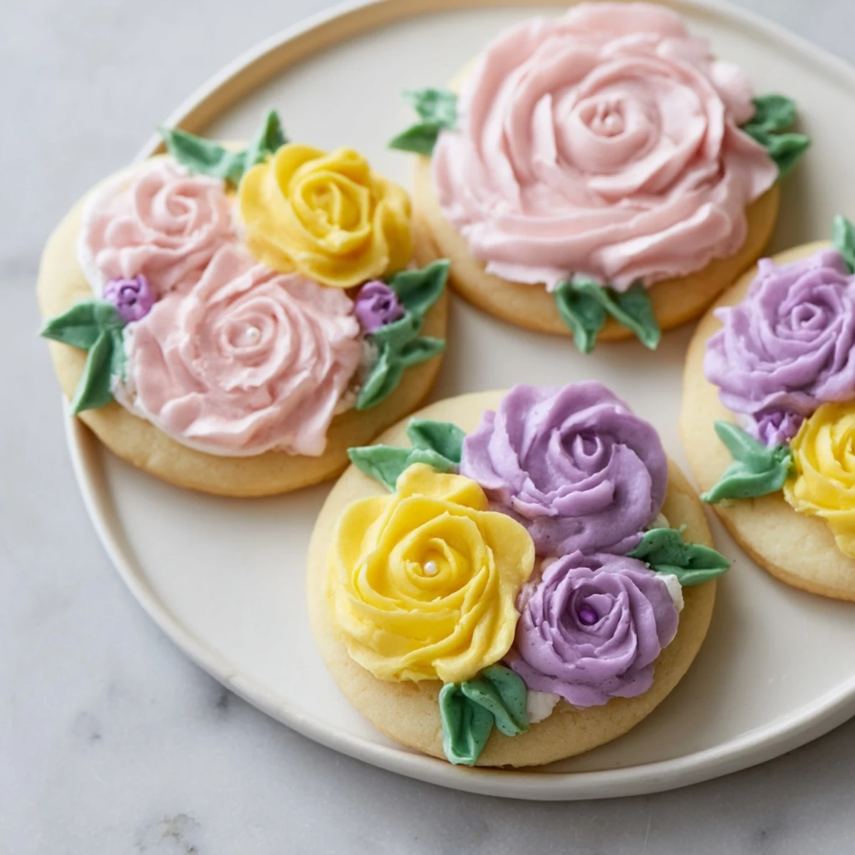 Close-up of buttercream flower cookies featuring vibrant pink and yellow blooms atop soft sugar cookie base