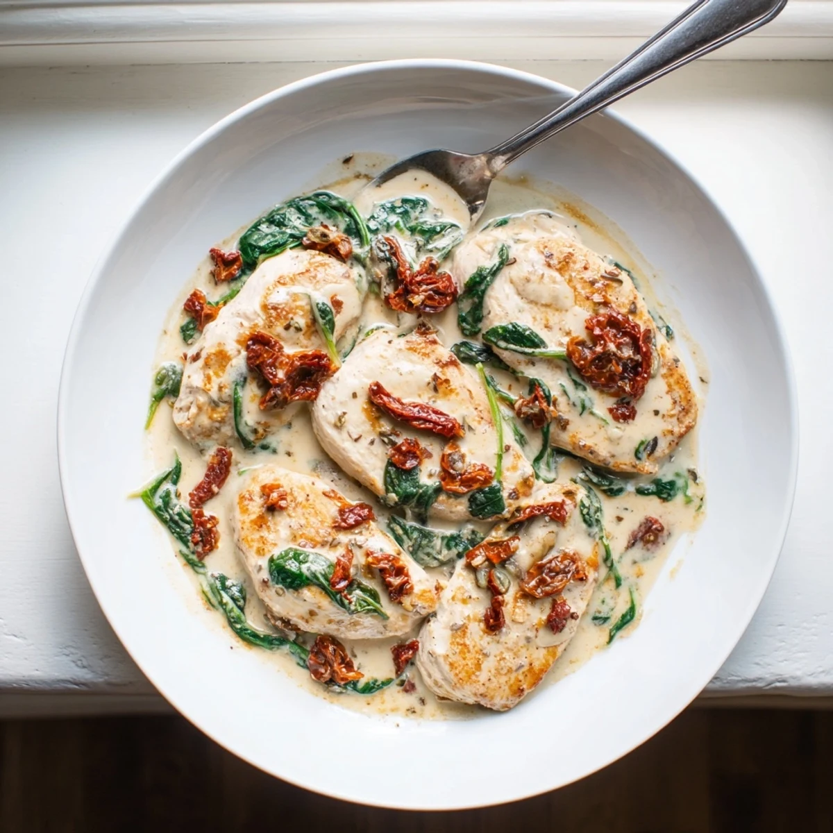 Golden seared chicken breasts nestled in a velvety garlic Parmesan sauce with sun-dried tomatoes and fresh spinach