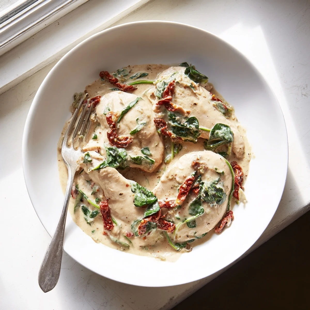 Savory chicken skillet dish topped with creamy garlic sauce featuring sun-dried tomatoes and tender baby spinach leaves
