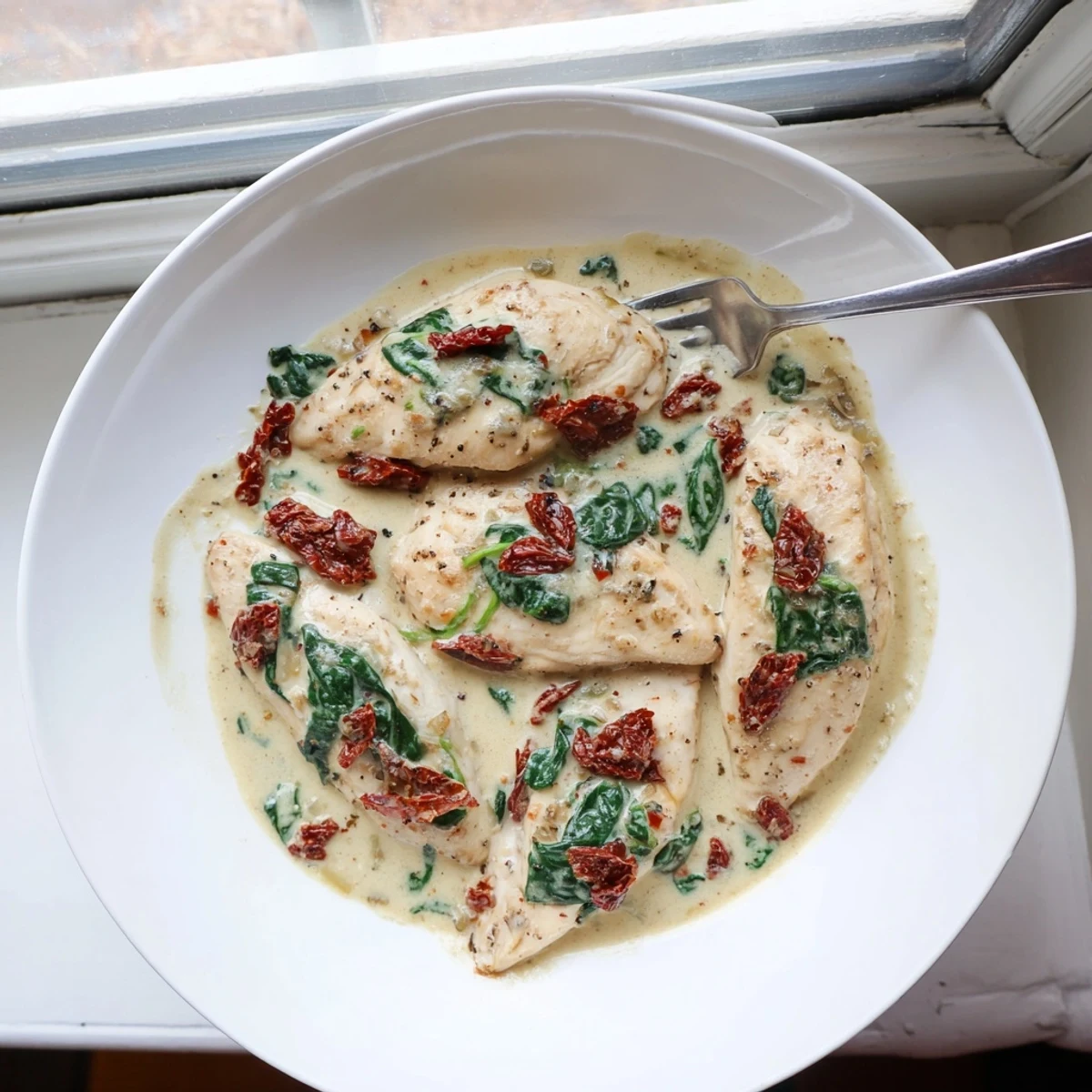 Low carb creamy Tuscan chicken simmered in rich white sauce with wilted spinach and savory sun-dried tomato pieces