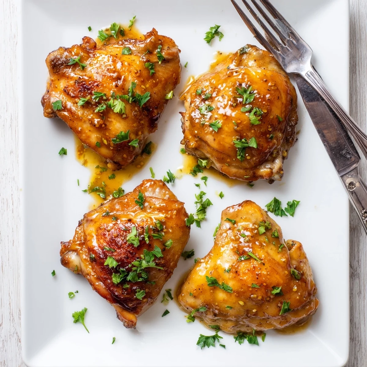 Golden baked honey mustard chicken thighs glazed with tangy sweet sauce and fresh herbs