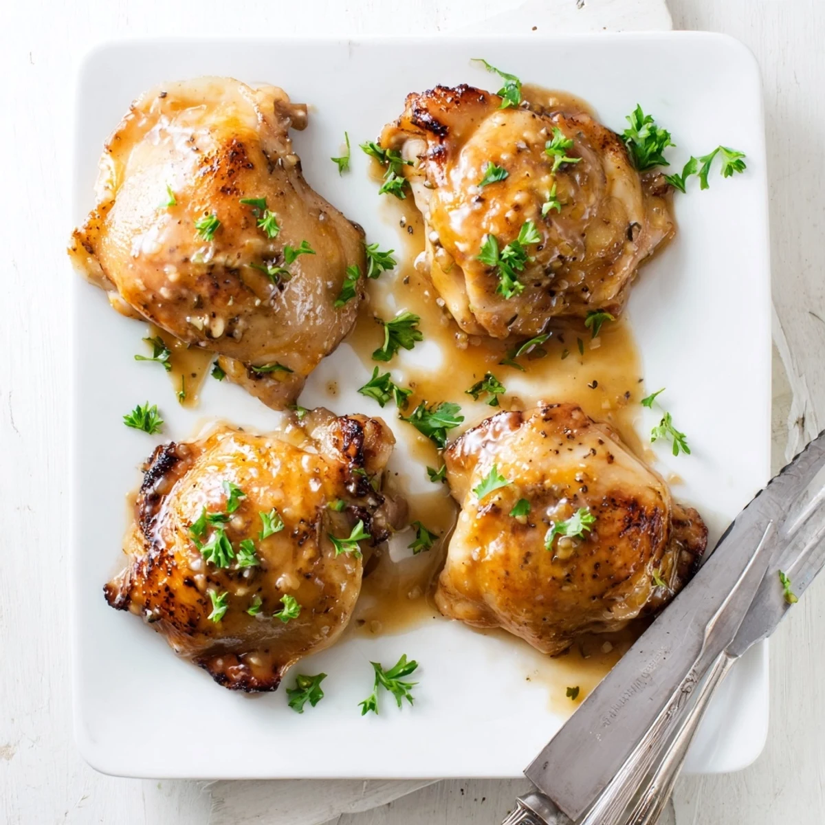 Tender baked honey mustard chicken served with pan drippings and garnished with parsley