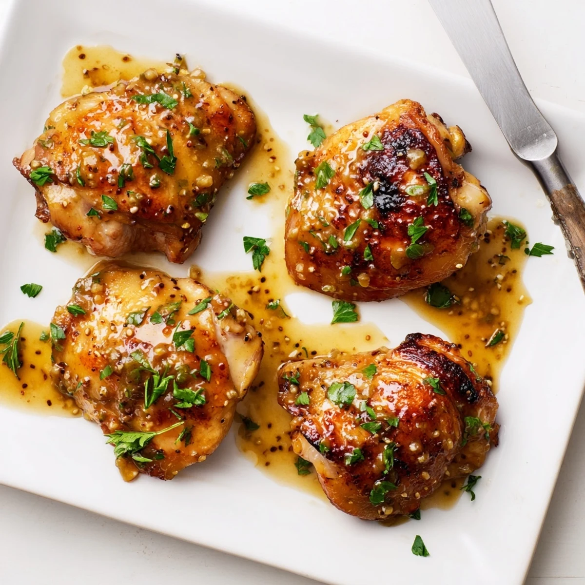 Juicy honey mustard chicken sizzling in a baking dish with caramelized golden skin