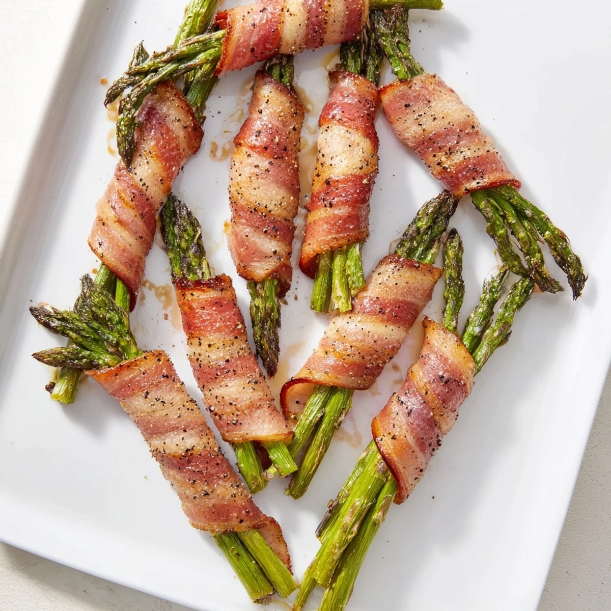 Golden brown bacon wrapped asparagus bundles roasted until crispy on a white serving plate