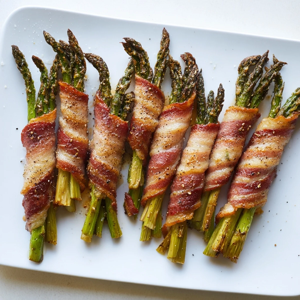 Tender green asparagus spears spiraled with smoky bacon strips baked to perfect doneness