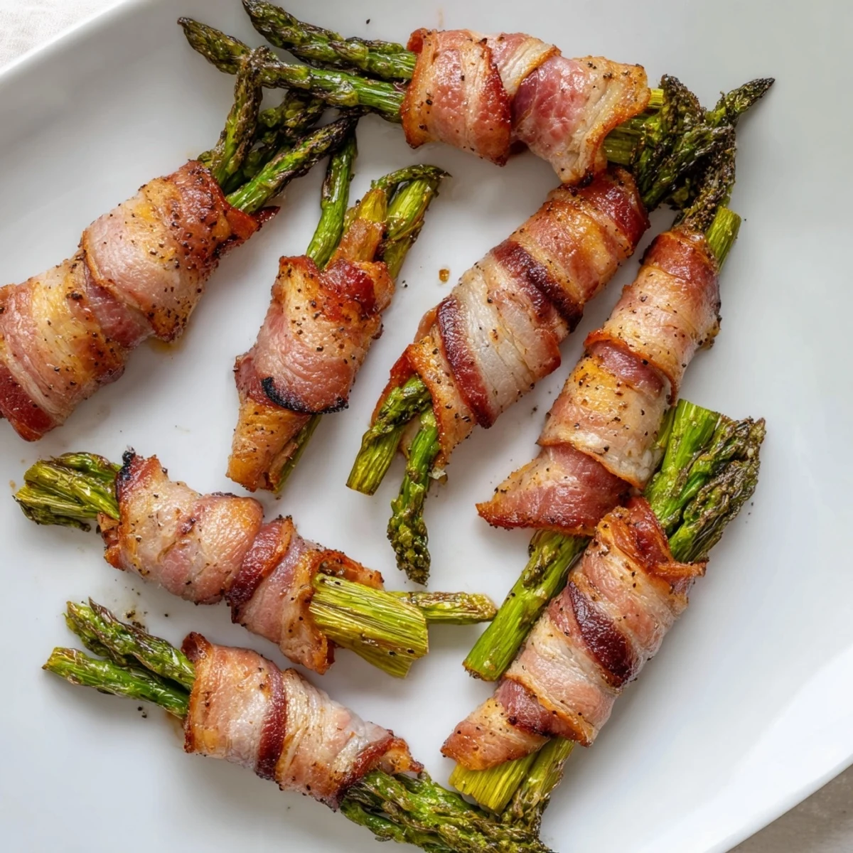 Crispy bacon环绕asparagus appetizer sprinkled with black pepper and garlic powder on baking sheet