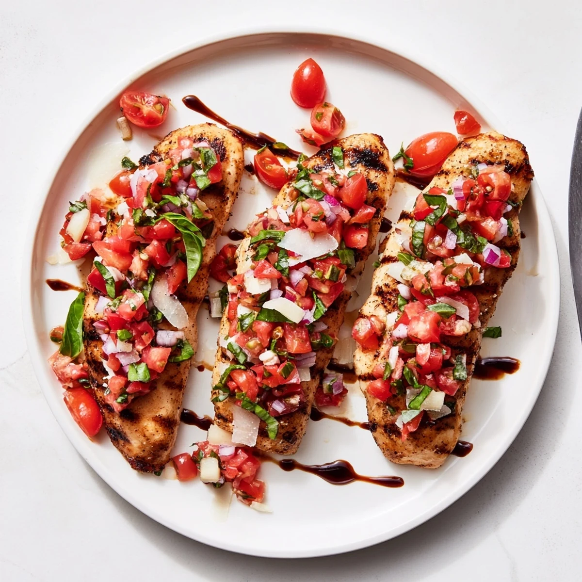 Juicy oven-baked chicken breast crowned with vibrant tomato basil bruschetta and balsamic glaze drizzle