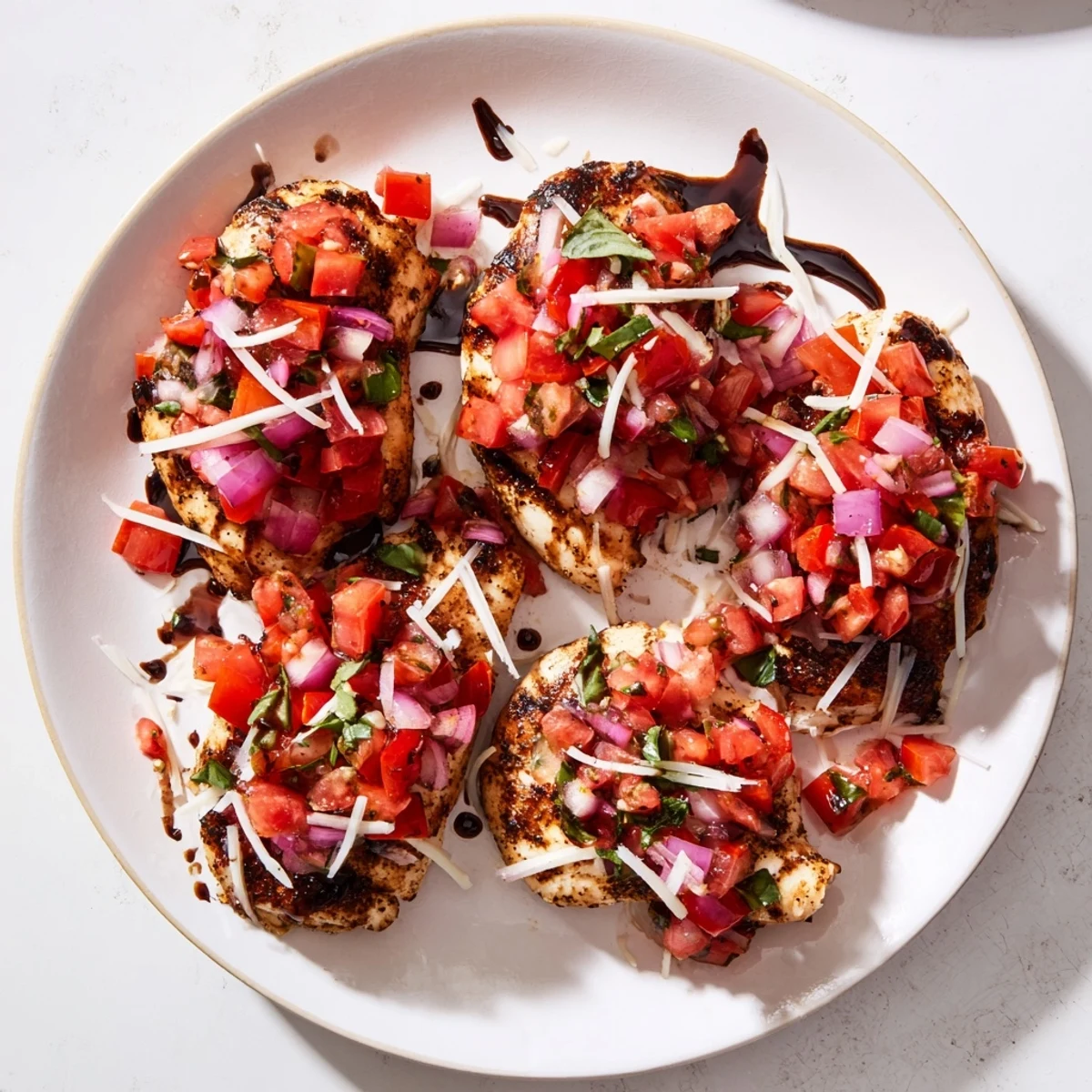 Italian-inspired Bruschetta Chicken featuring seasoned baked chicken under colorful tomato onion topping