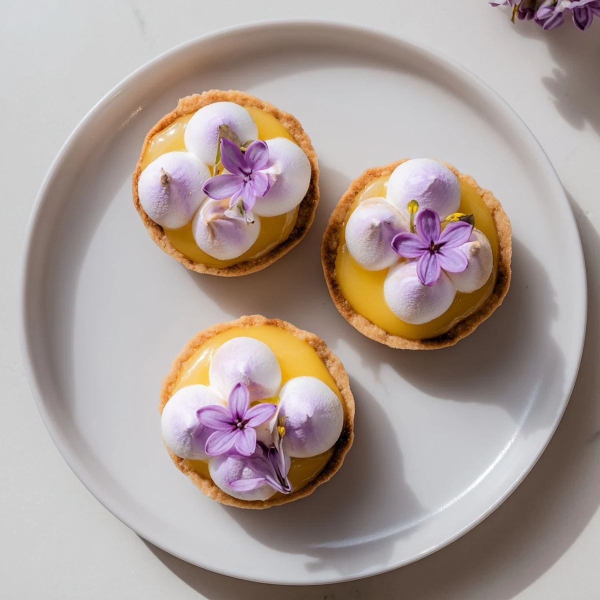 Mini lemon tart with lilac meringue topped with golden toasted peaks on crisp pastry shells