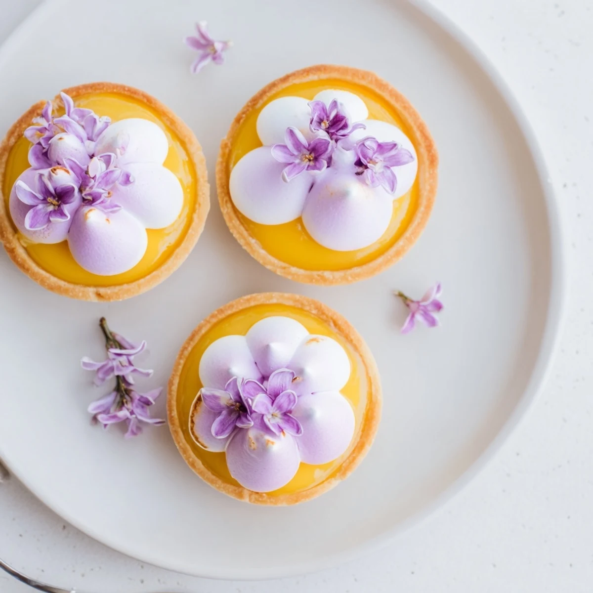 French-inspired mini lemon tart with lilac meringue displaying smooth lemon curd beneath fluffy floral swirls