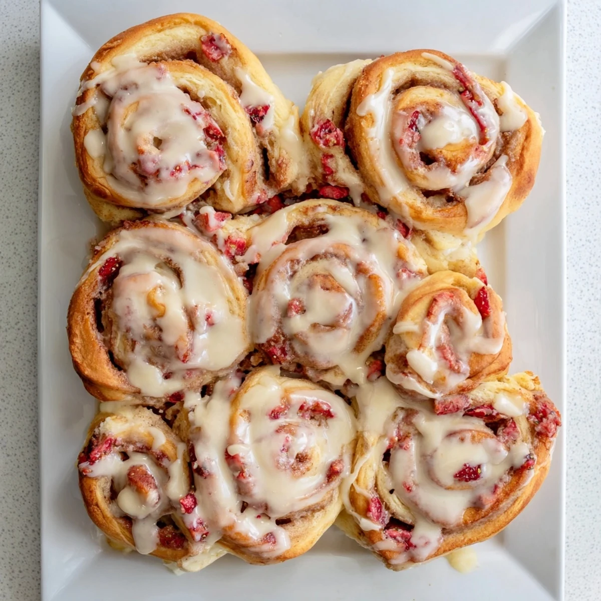 Freshly baked strawberry cinnamon rolls with pink fruit filling and cream cheese glaze drizzled over golden swirled dough