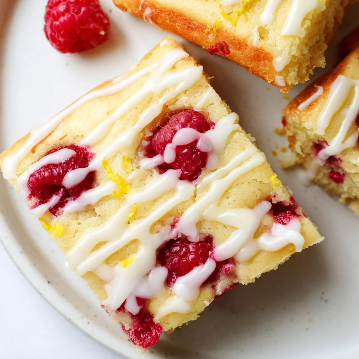 Golden raspberry lemon blondies drizzled with white lemon glaze on a serving platter