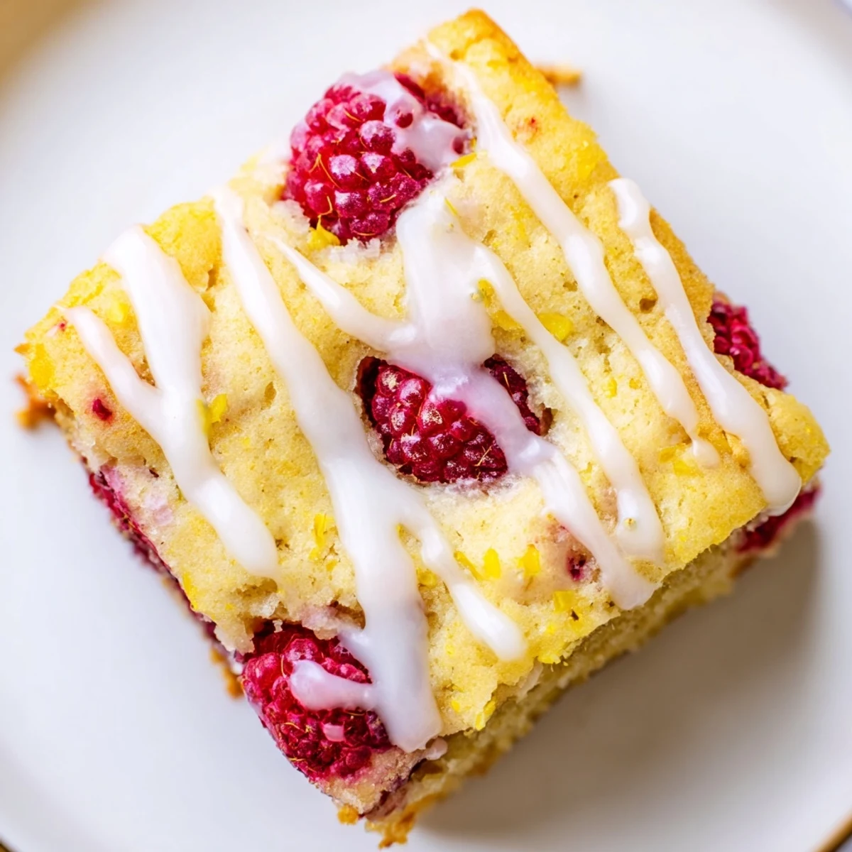 Soft chewy blondies studded with fresh raspberries topped with zesty lemon icing