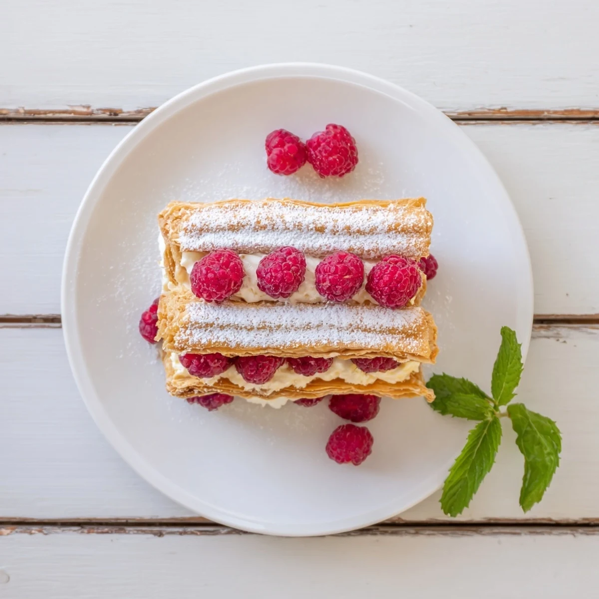 Golden raspberry cream Napoleon dessert with fluffy vanilla pastry cream and bright red berries layered between crisp puff pastry slices