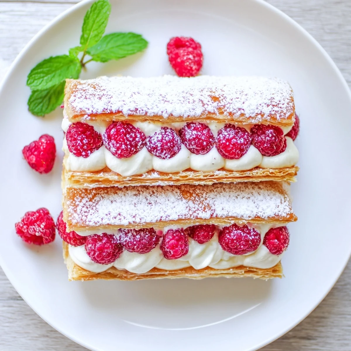 French-style raspberry cream Napoleon featuring three golden puff pastry layers stacked with creamy vanilla filling and fresh red raspberries