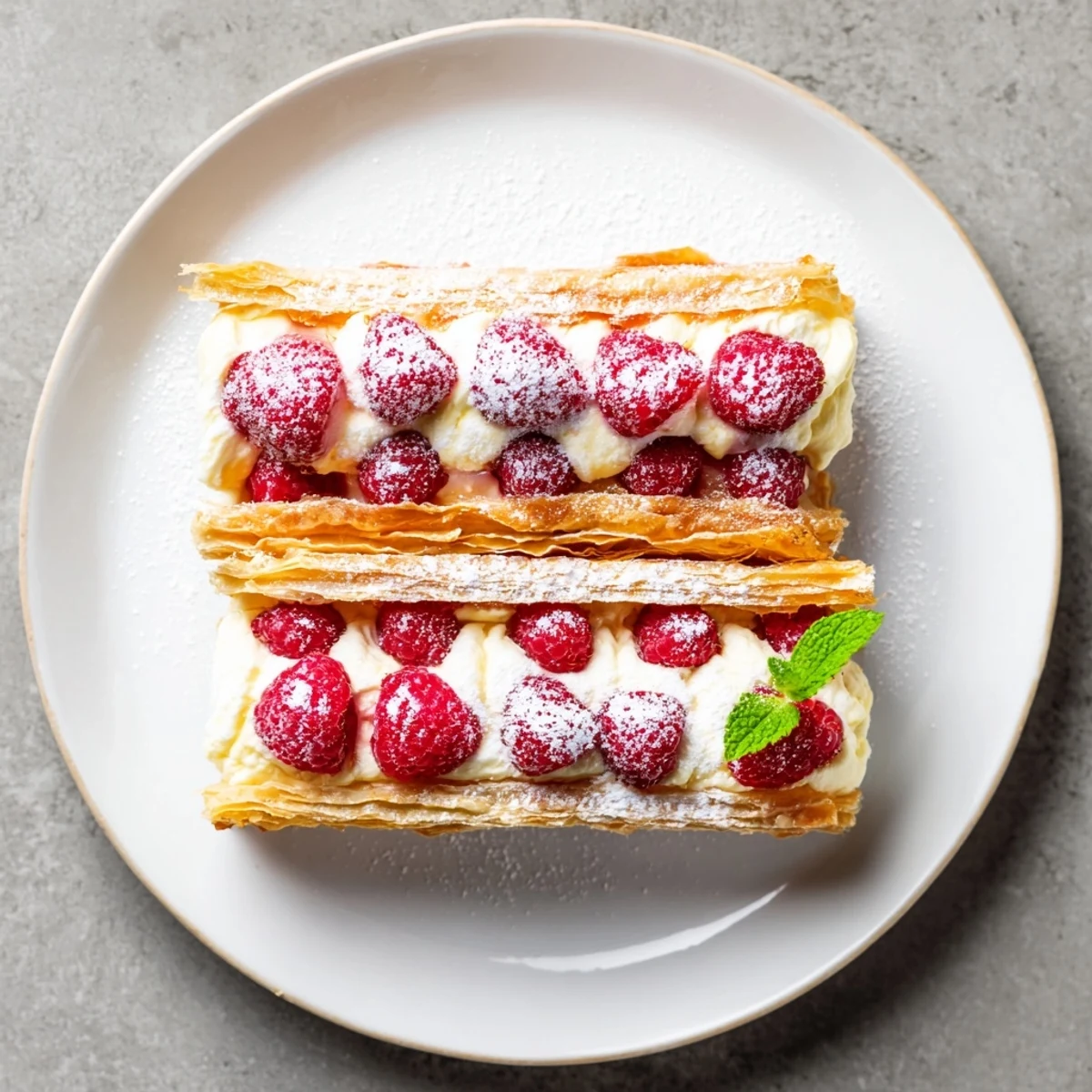 Elegant raspberry cream Napoleon slice revealing cross-section of vanilla custard and juicy red raspberries sandwiched between golden baked pastry