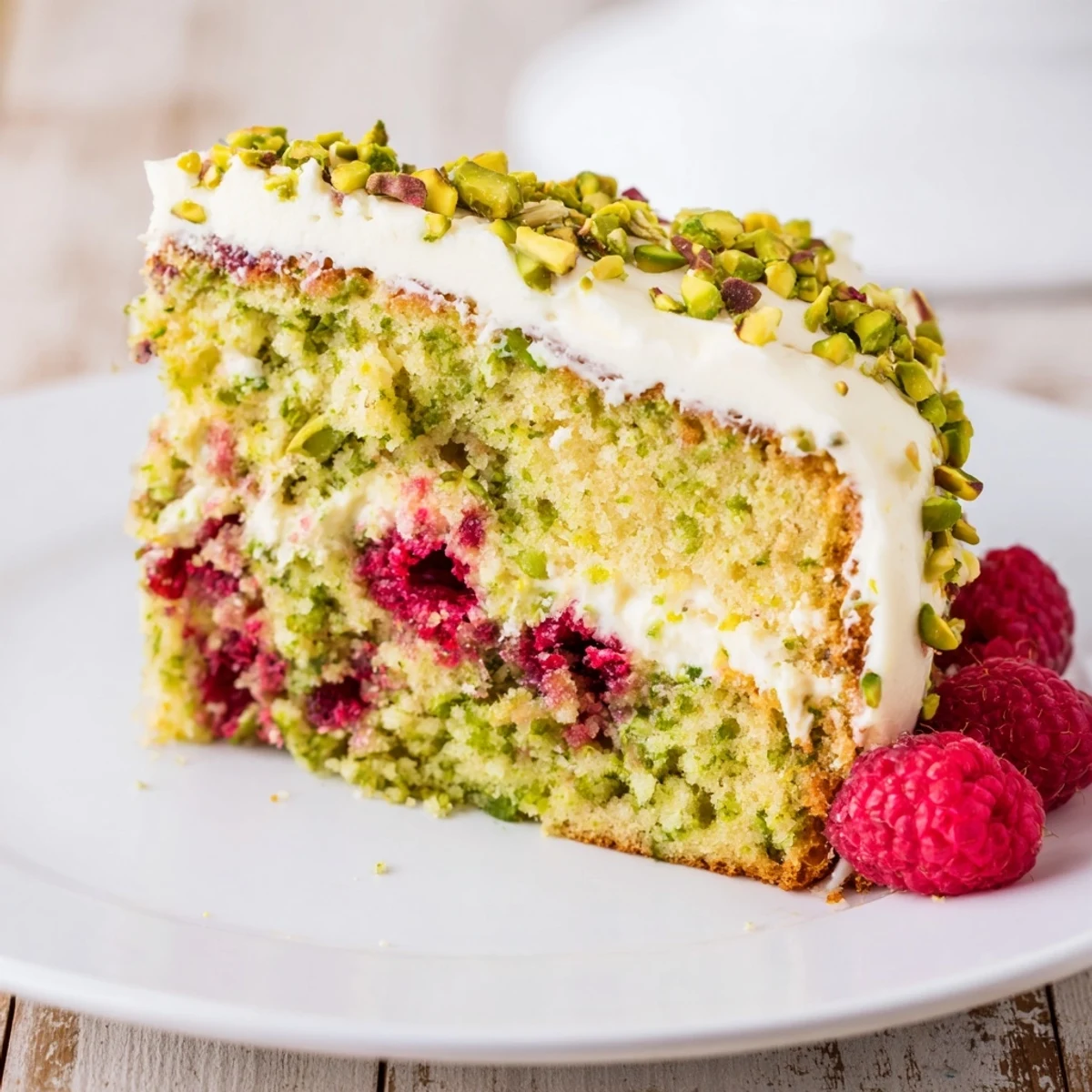 Elegant layered pistachio raspberry cake with cream cheese frosting, decorated with whole raspberries and chopped pistachios on a white serving plate