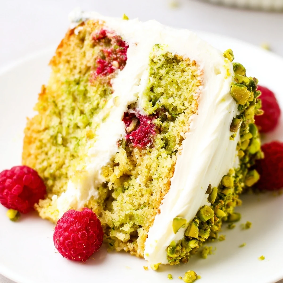 Homemade pistachio raspberry cake layered with creamy white frosting and topped with fresh red berries and crushed green nuts