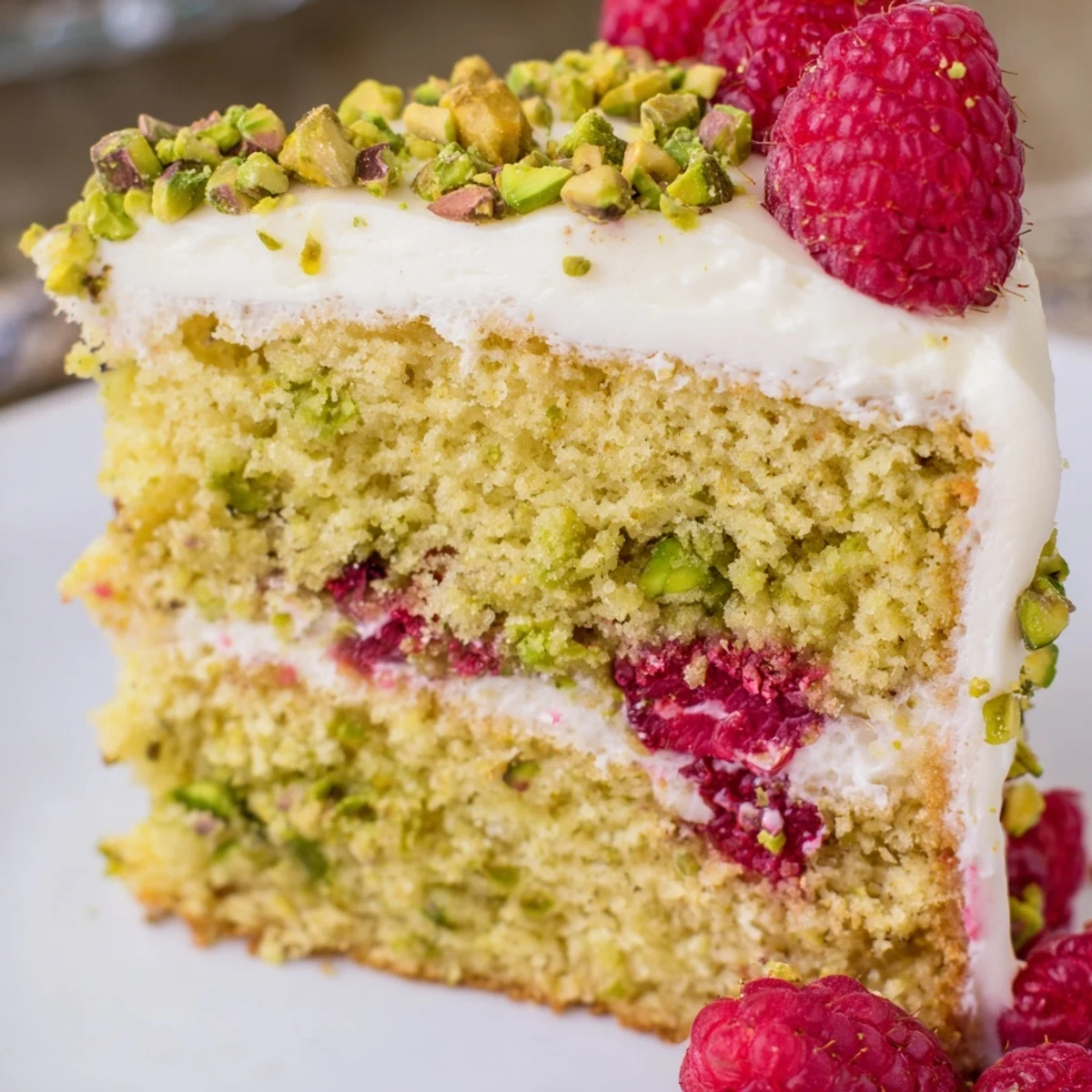Slice of moist pistachio raspberry cake revealing bright red berry flecks, finished with smooth cream cheese frosting and nutty garnish