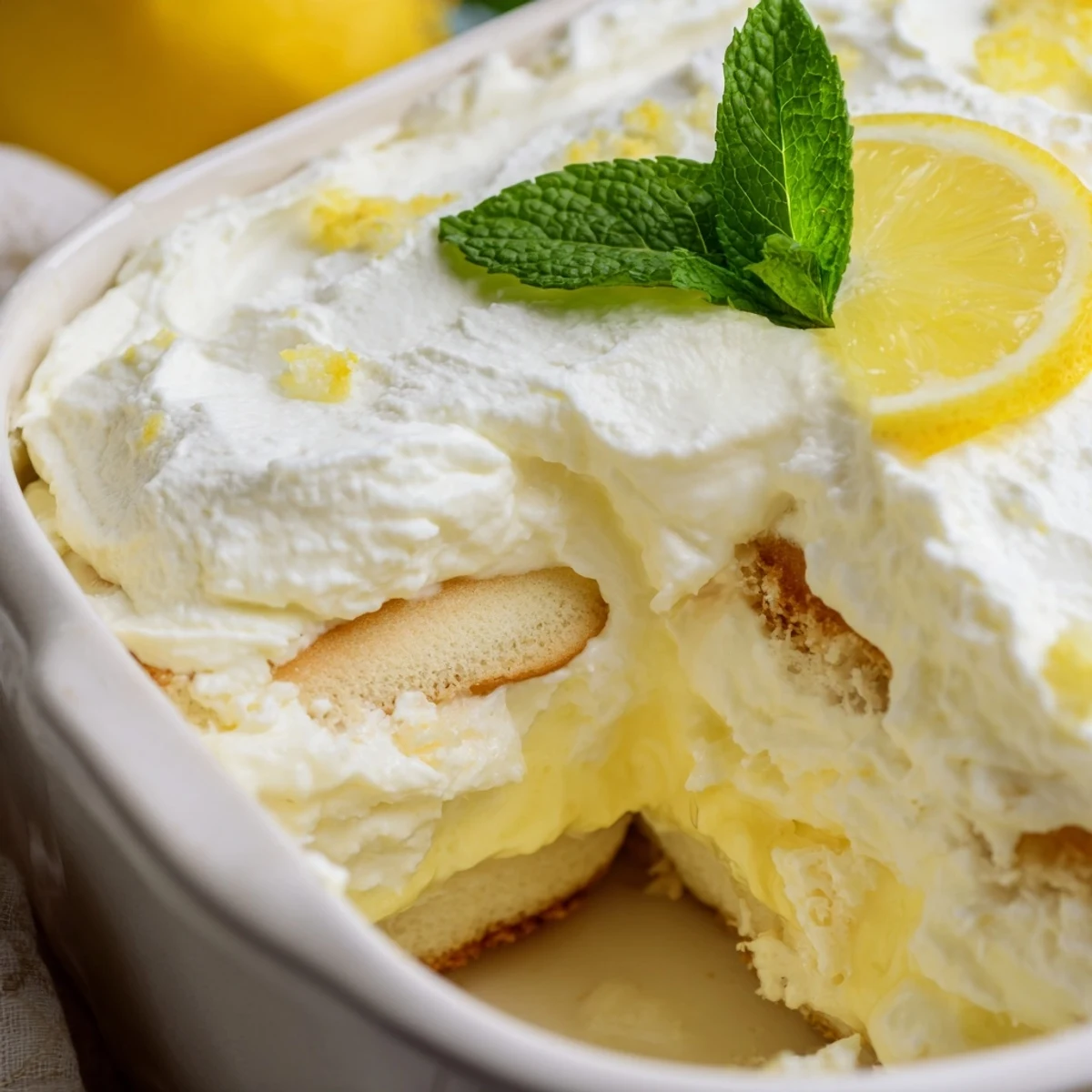 Fresh lemon tiramisu layered dessert with lemon-soaked ladyfingers and fluffy mascarpone cream garnished with lemon slices and mint