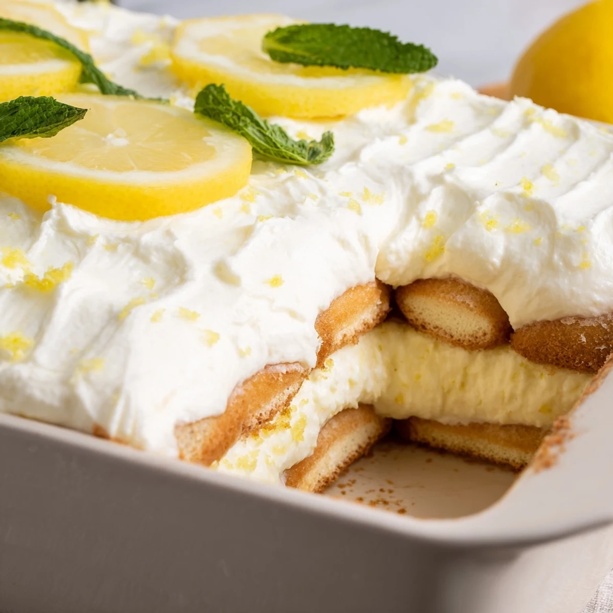 Creamy lemon tiramisu squares featuring zesty lemon syrup dipped ladyfingers topped with smooth mascarpone filling and fresh mint
