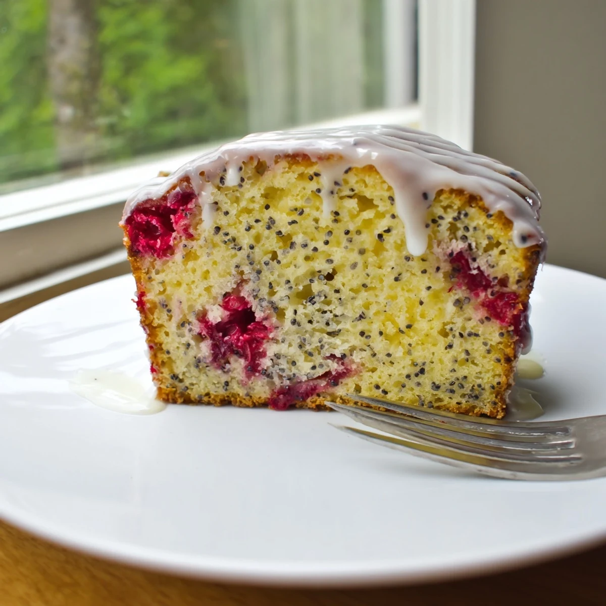 Golden raspberry lemon poppyseed loaf drizzled with white glaze on a wooden board