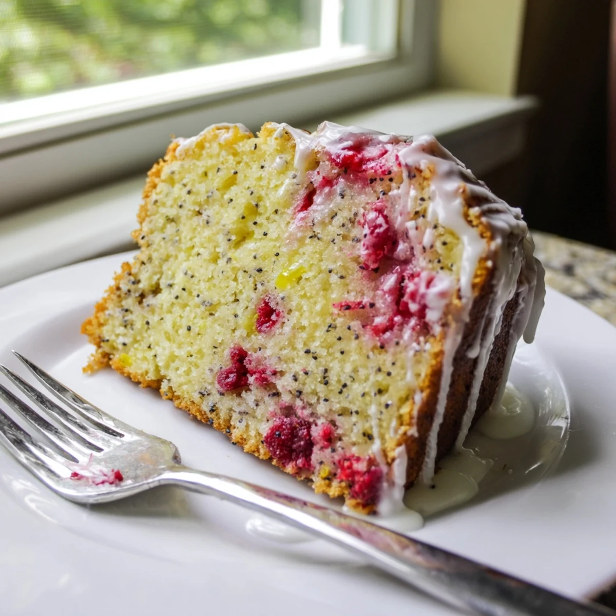 Zesty raspberry lemon poppyseed loaf topped with powdered sugar glaze and fresh raspberries