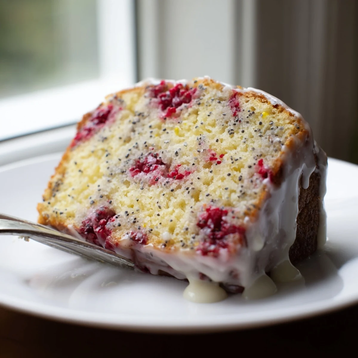 Moist raspberry lemon poppyseed loaf cake sliced to reveal bright red berry pockets