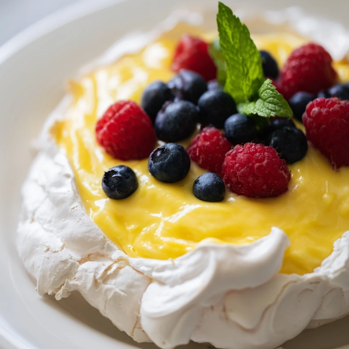 Golden meringues with citrus curd topped with fresh berries and mint leaves