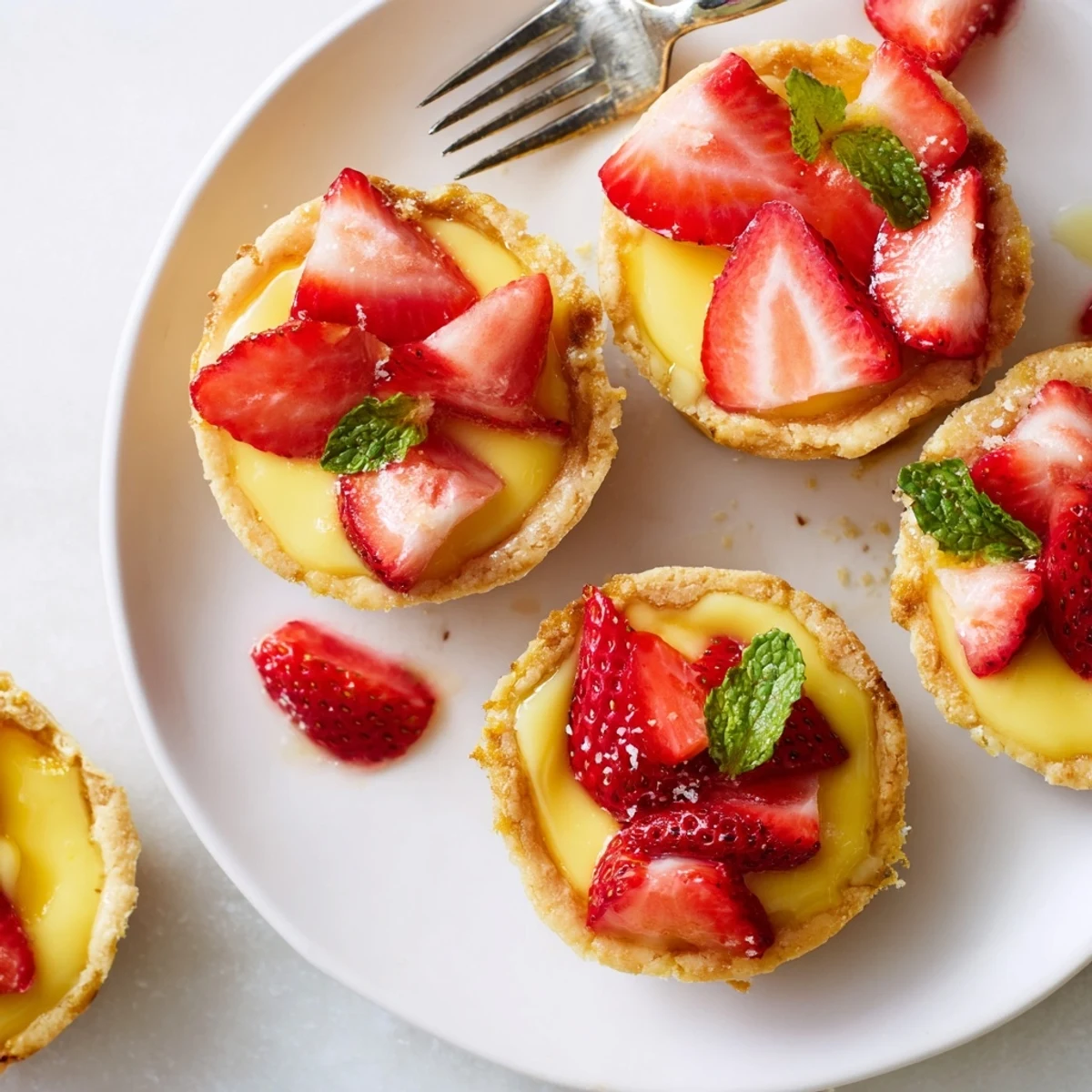 Golden strawberry honey custard tarts featuring layered lemon curd and fresh strawberry slices