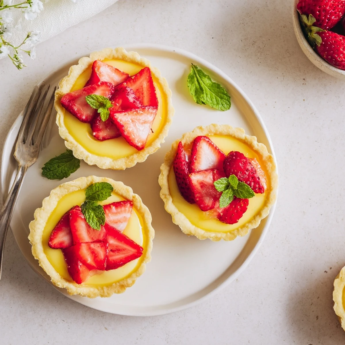 Elegant strawberry honey custard tarts garnished with fresh mint and bright red strawberry slices
