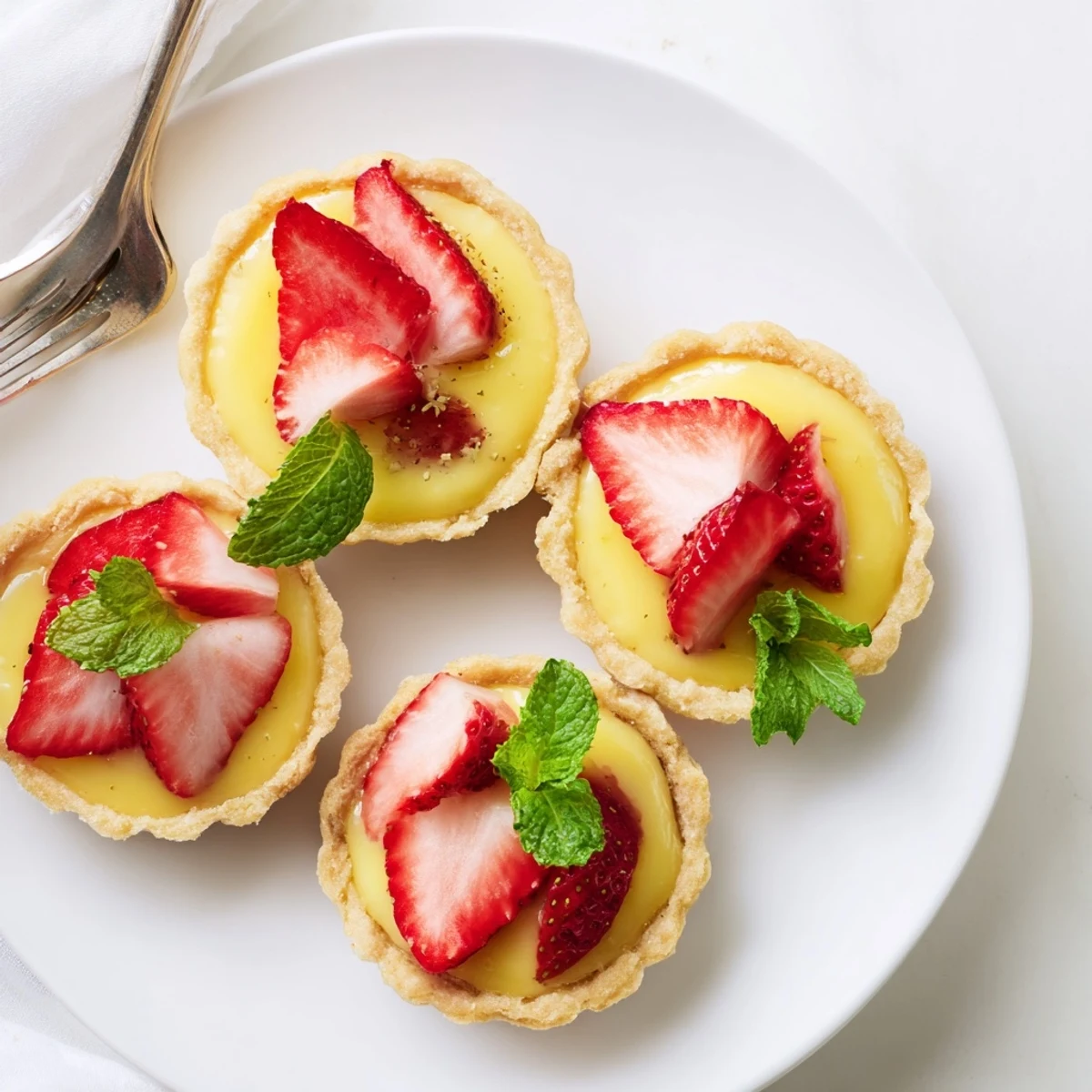 Buttery tart shells filled with silky honey custard topped with tangy lemon curd and berries