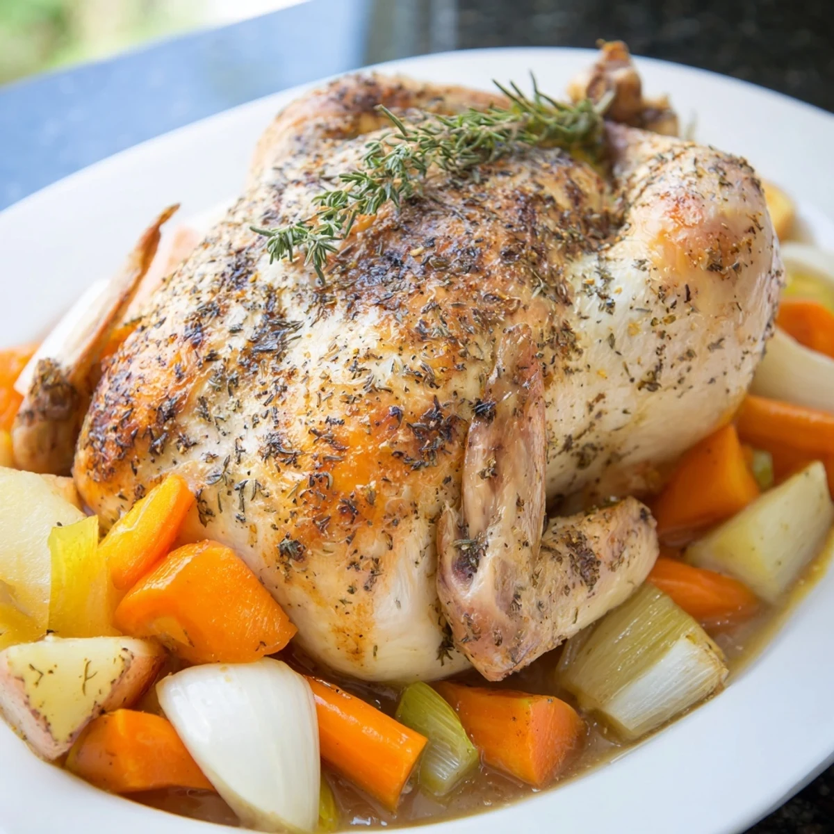 Golden whole Crockpot Chicken Pot Roast surrounded by tender carrots potatoes and celery in a slow cooker
