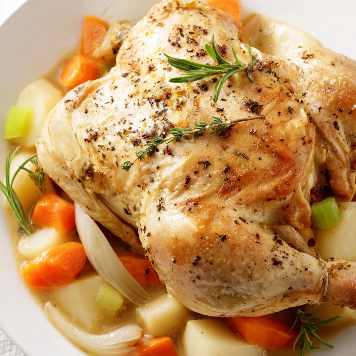 Herb roasted whole chicken nestled over colorful root vegetables in a rich savory crockpot pot roast