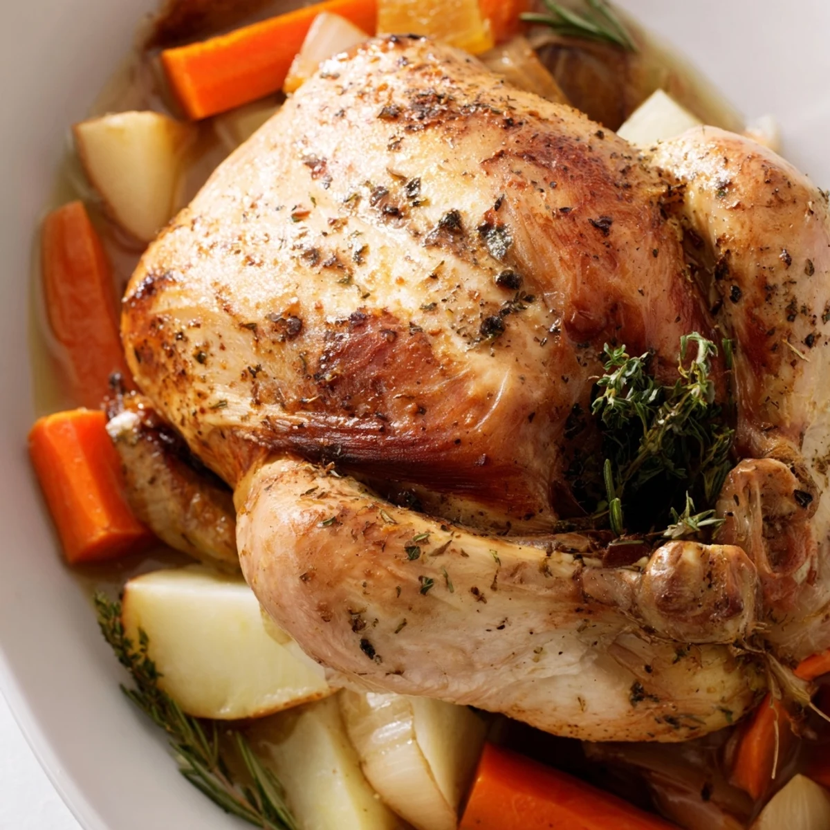 Comforting slow cooked chicken with caramelized vegetables and aromatic thyme rosemary served family style