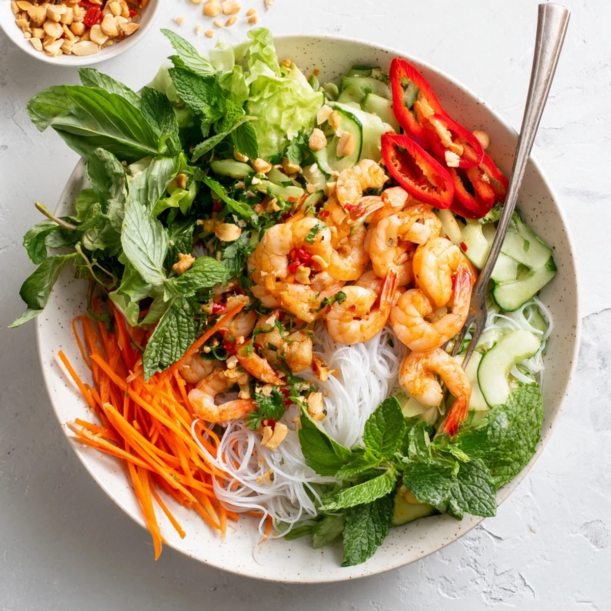 Colorful spring roll salad with crisp vegetables, tender shrimp, and spicy ginger dressing drizzled over noodles